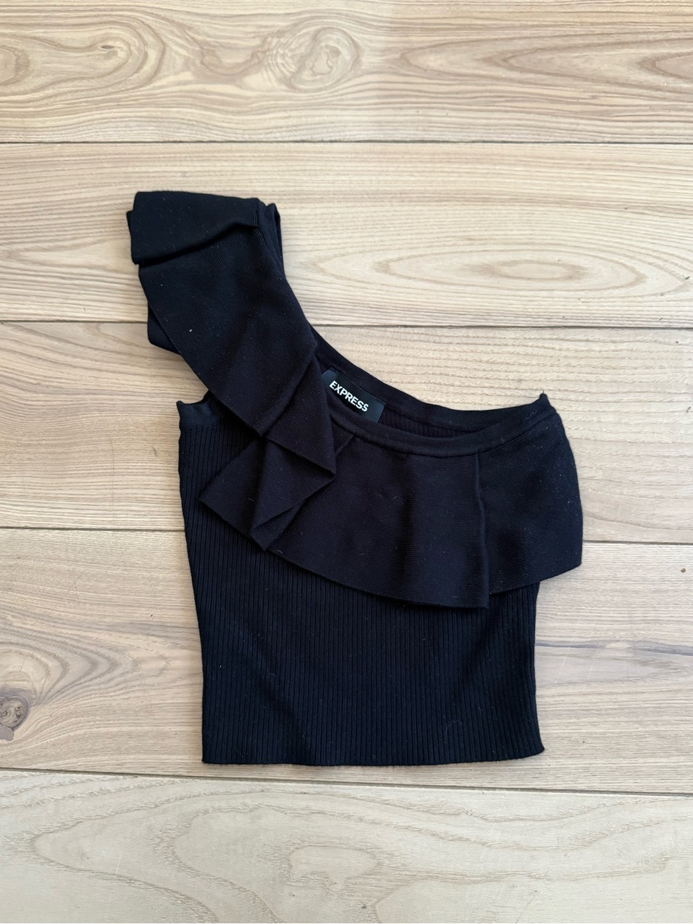 Express Black One-Shoulder Ruffle Ribbed Top - Picture 2 of 2